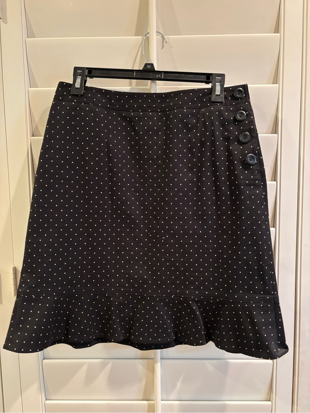LOFT Black Polka Dot A-Line Skirt with Button Side Detail and Ruffle Hem